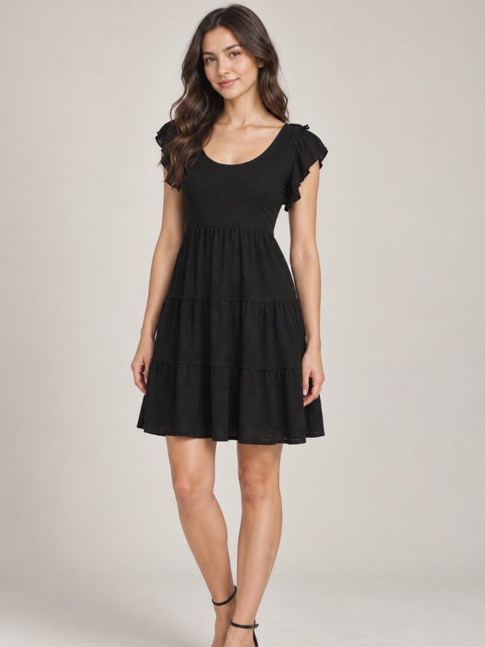 Max Studio XS Black Tiered Mini Dress Flutter Sleeve Babydoll Casual